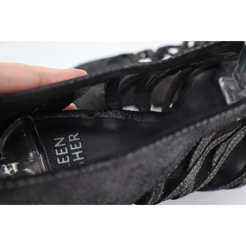 Eileen Fisher Womens Oodle Sandal 6 Open Toe Bootie Black Leather Wedge Caged